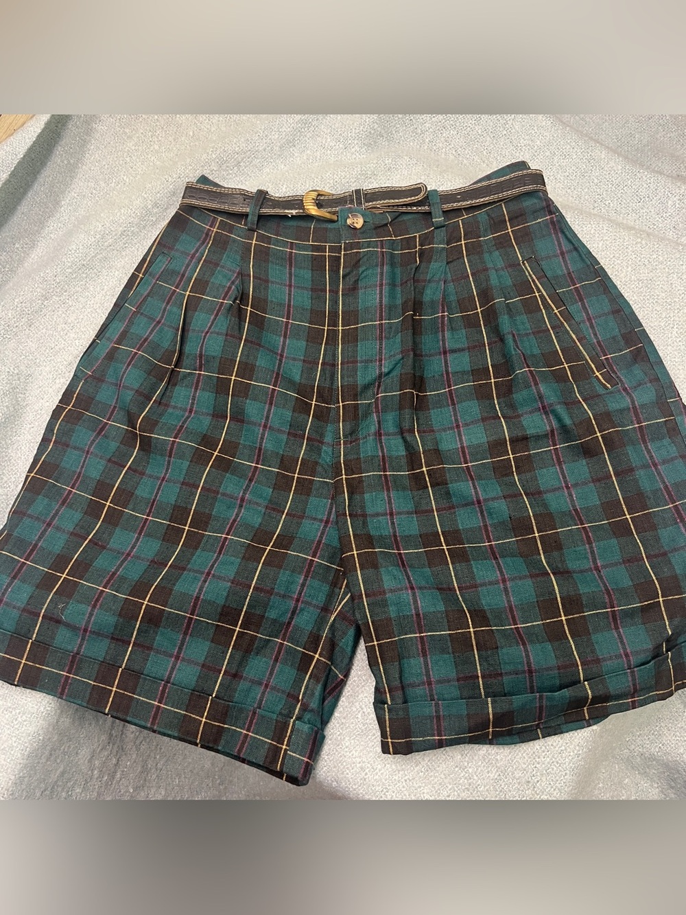 Vintage 80s Small Tartan Plaid Long Shorts Belted Pockets Pleated